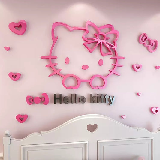 Cute Cartoon Pink Kitty Head 3D Acrylic Wall Decal for Kids Room Bedroom Bedside Wall Decor