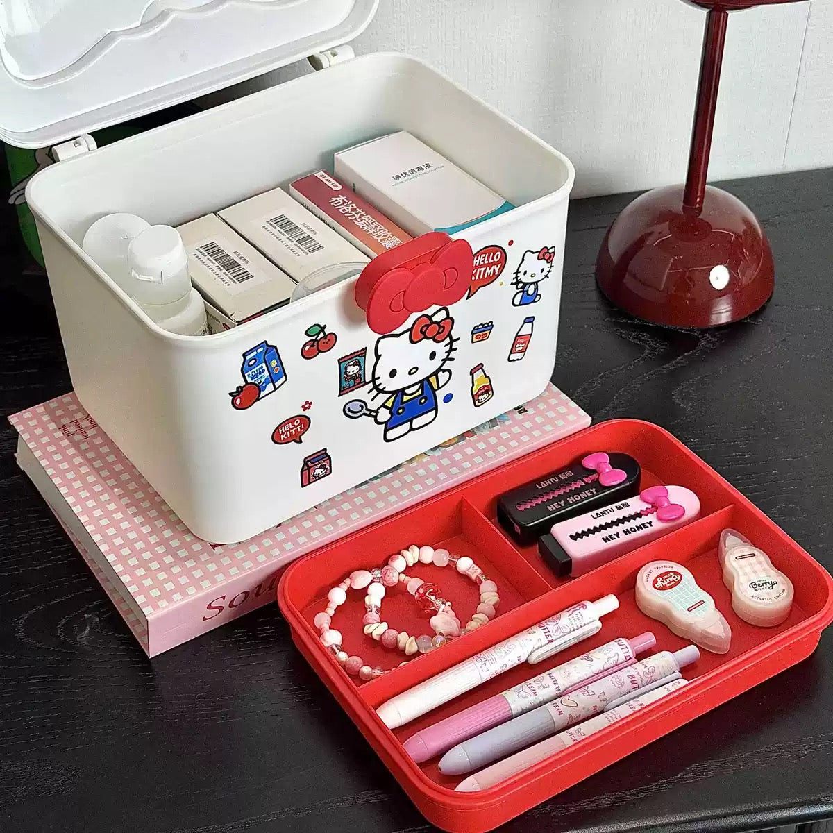 Double-Layer Cartoon Storage Box with Lid, Portable Dustproof Organizer, Desktop Jewelry & Hair Accessories Storage Case