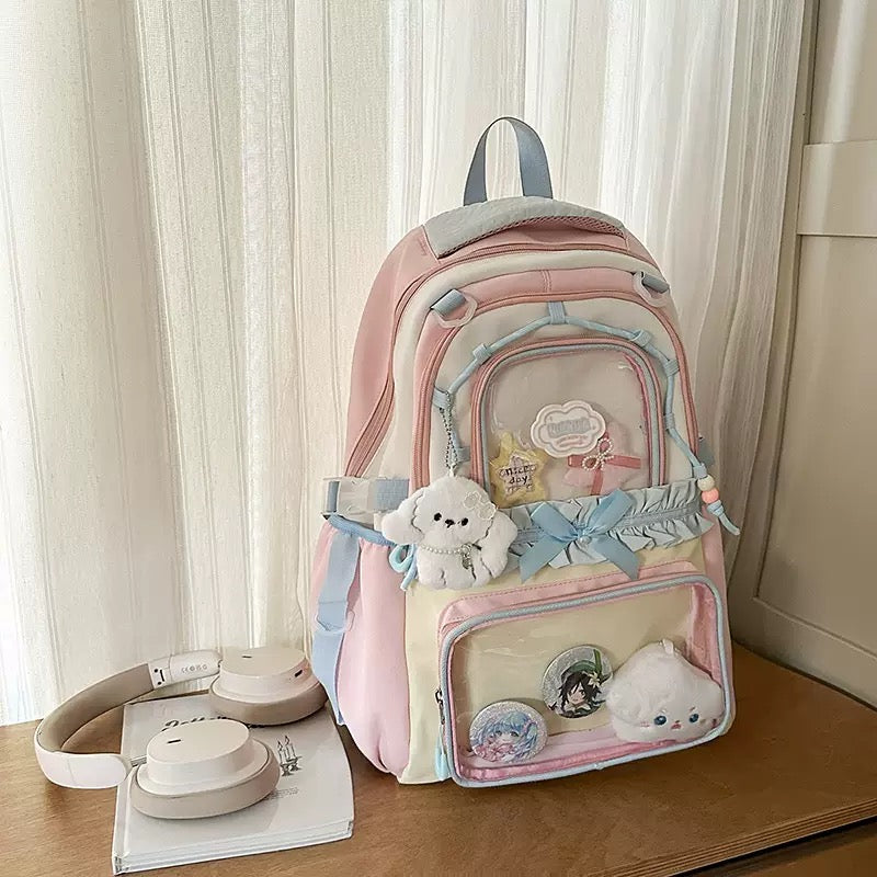 Cute Dopamine Color-Block Backpack for Girls, Sweet Kawaii School Style, Multi-Compartment Student Backpack for Middle & High School