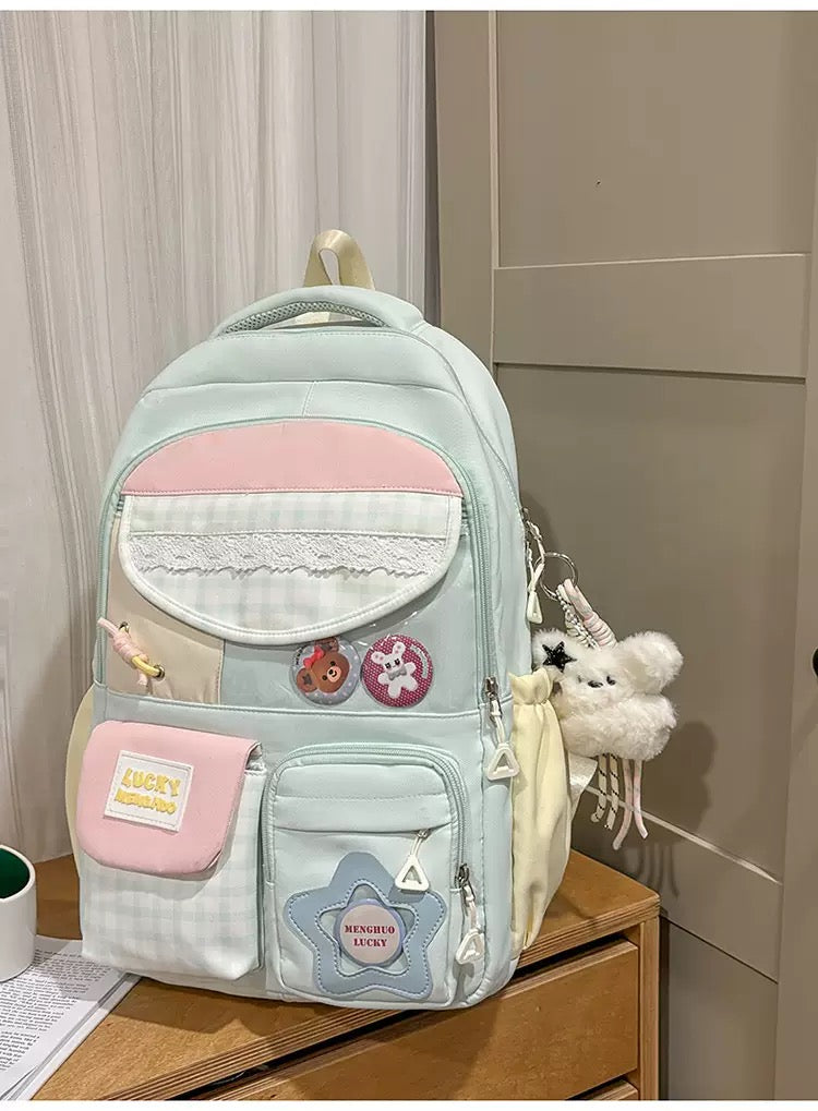 Cute Dopamine Color-Block Backpack for Girls, Sweet Kawaii School Style, Multi-Compartment Student Backpack for Middle & High School
