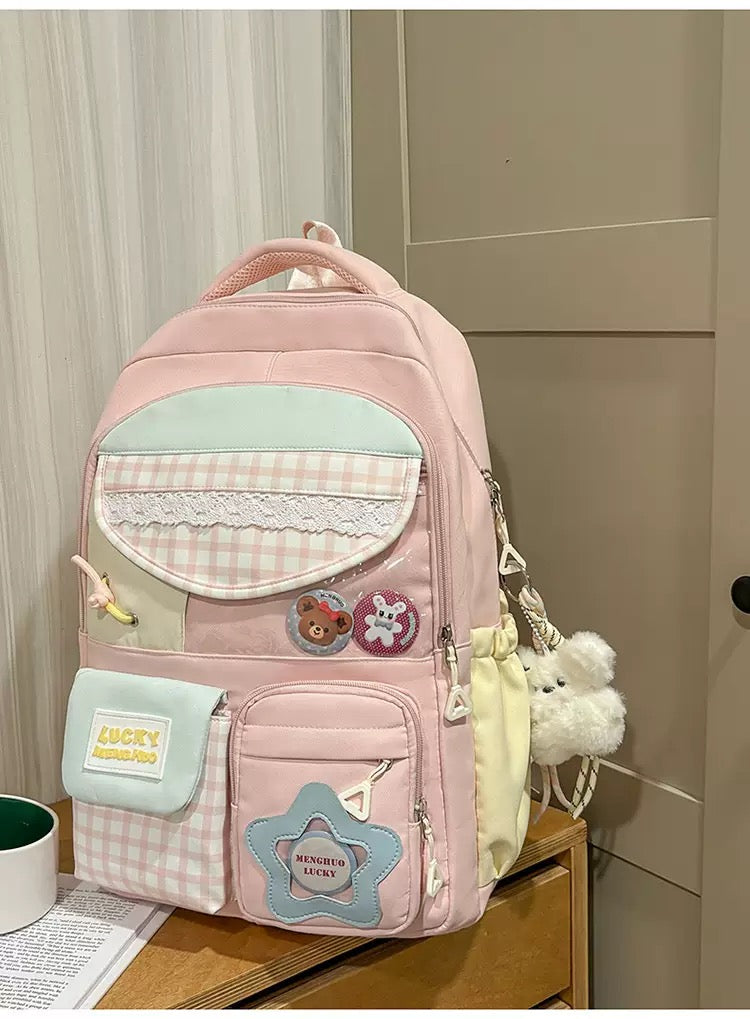 Cute Dopamine Color-Block Backpack for Girls, Sweet Kawaii School Style, Multi-Compartment Student Backpack for Middle & High School